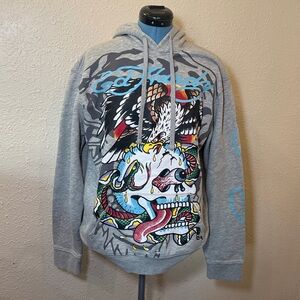 Ed Hardy Gray Hooded Sweatshirt with Multicolor Skull & Snake Graphic